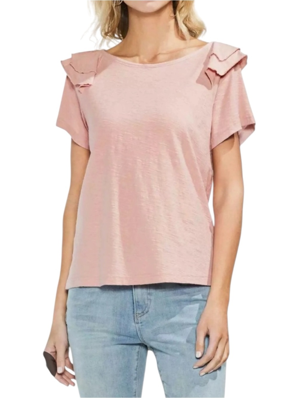 Vince Camuto Ruffle Shoulder Slub Tee Top Size Small Pink‎